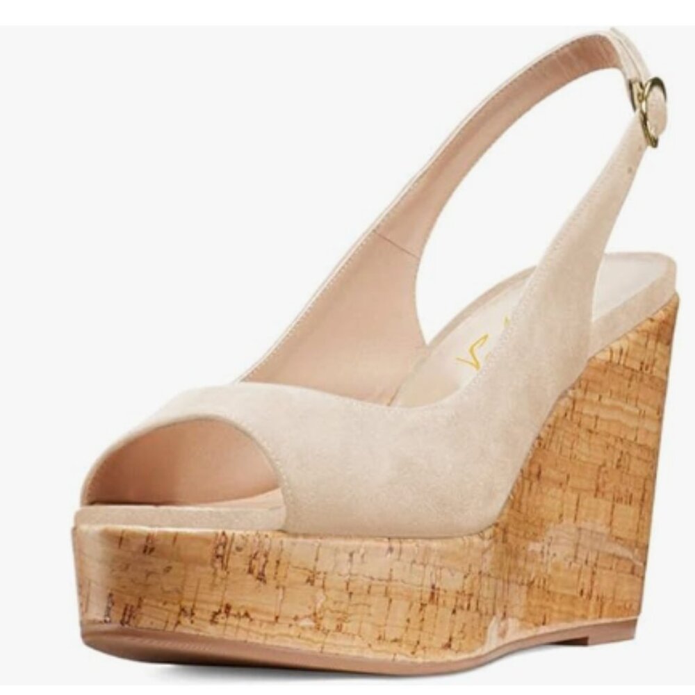 FOWT Apricot Peep Toe Slingback Platform Wedge High Heel Buckle Open Toe Sandals